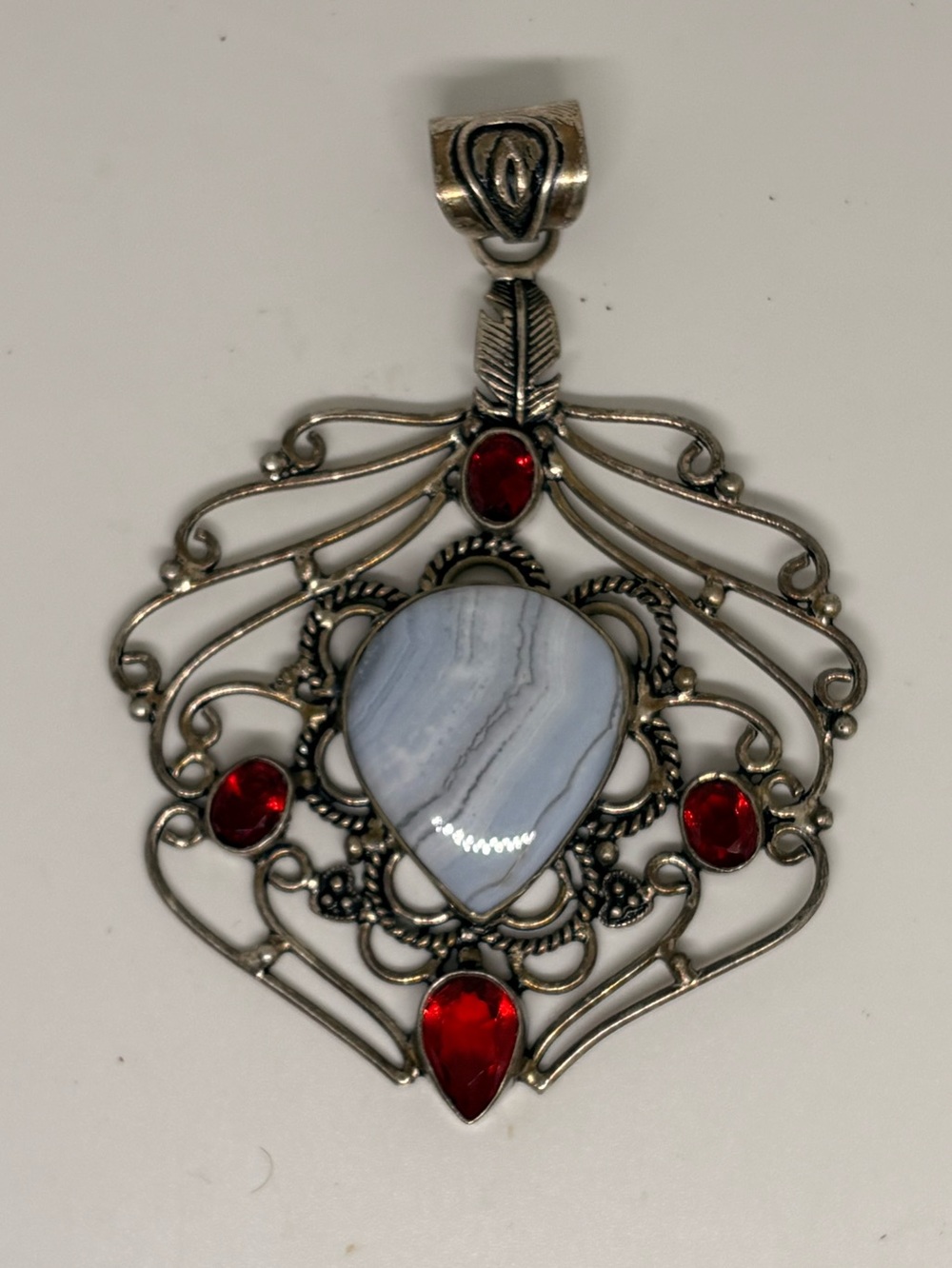 Vintage Large Sterling Silver Blue Lace Agate & Red Garnet Statement Pendant